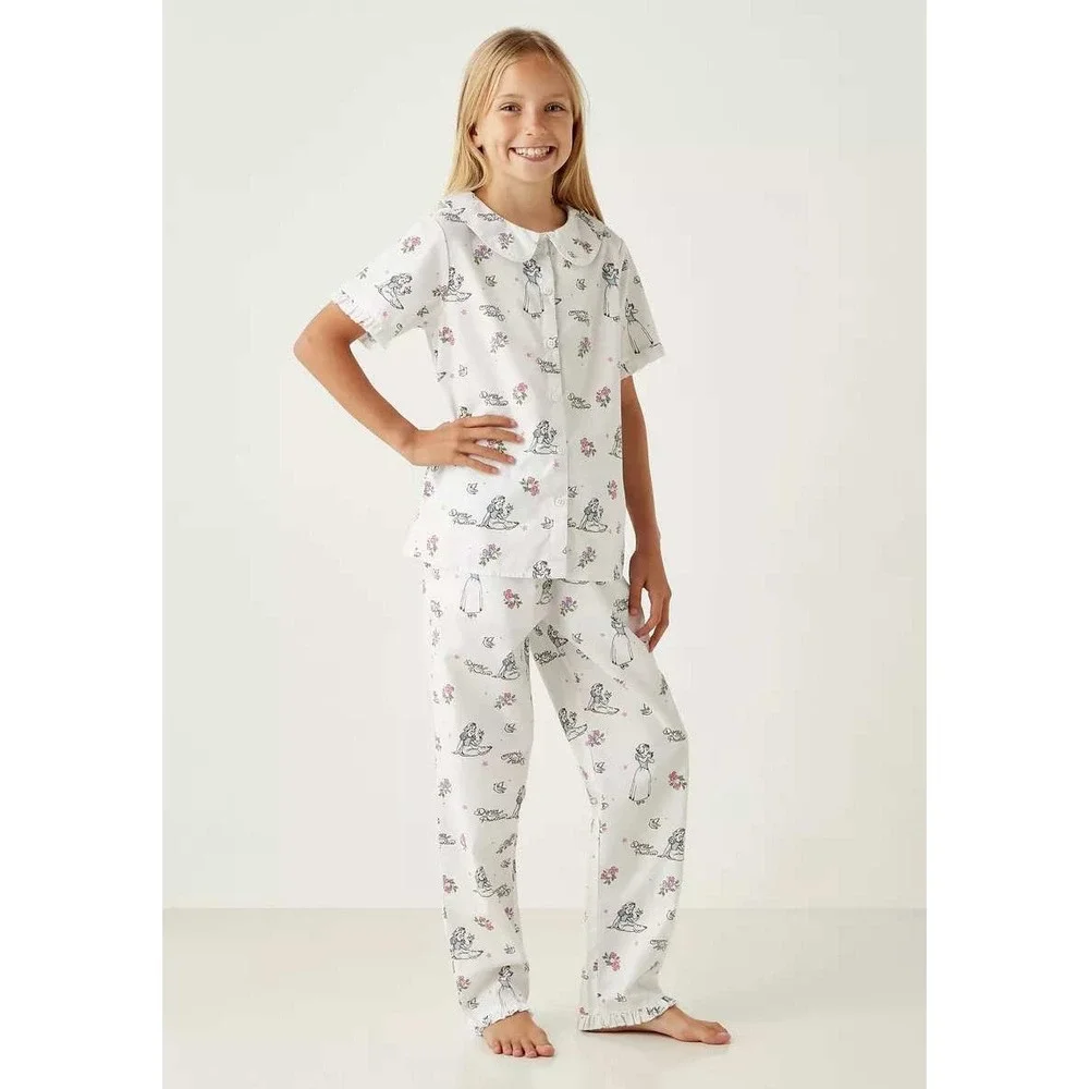 Vintage Disney Princess Snow White Print Pajama Set Girls 8/9 White Cotton‎